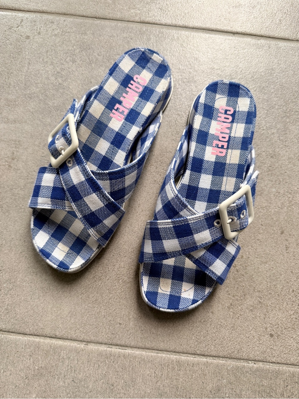 Camper Blue and White Gingham Slide Sandals